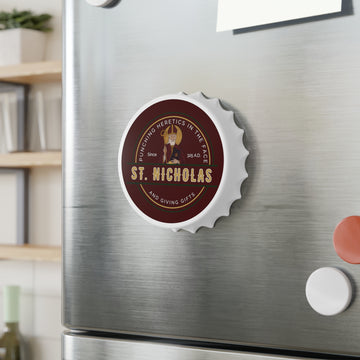 A St. Nicholas bottle opener magnet in red stuck to a refrigerator