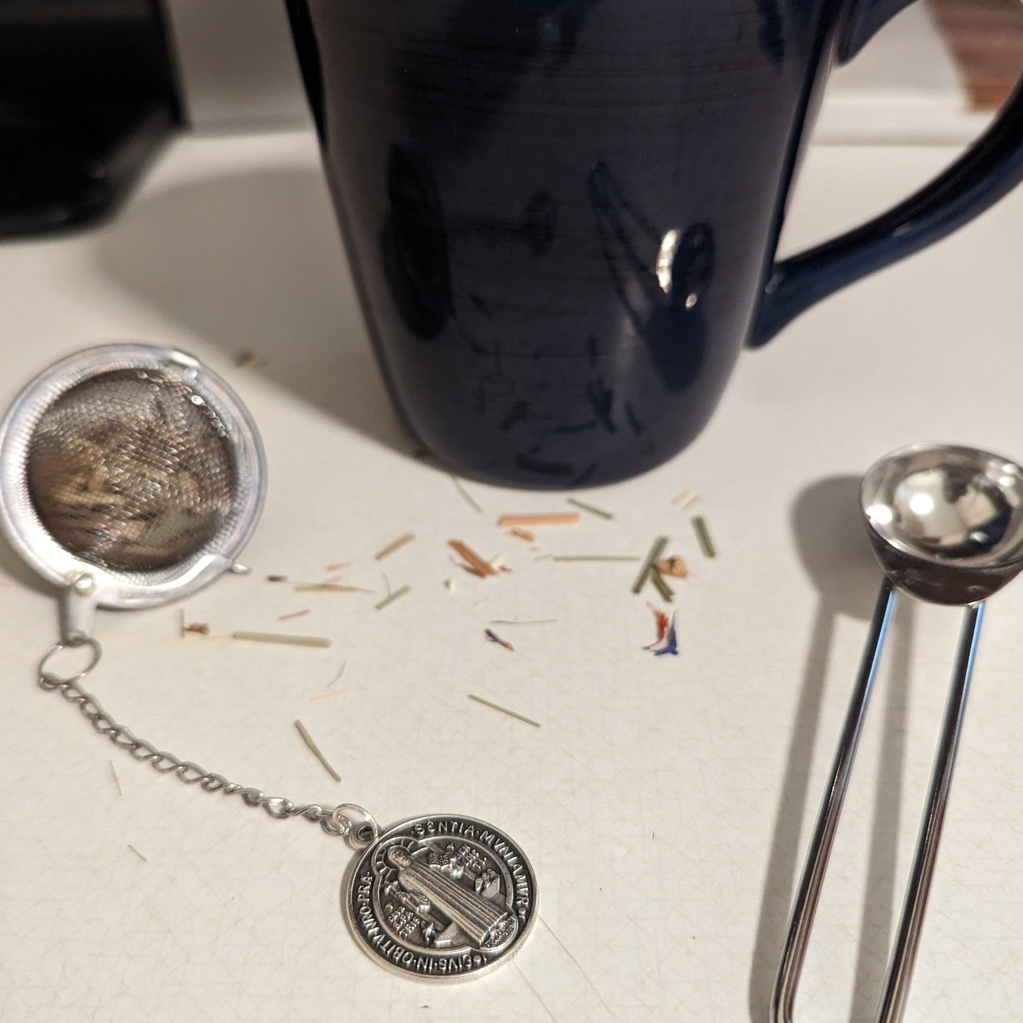 Catholic Saint Medal tea infuser and mug.