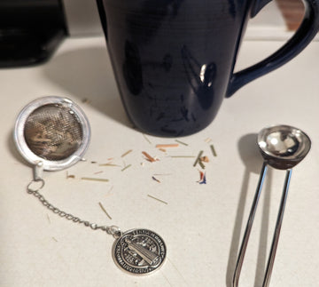 Catholic Saint Medal tea infuser and mug.