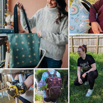 A photo collage picturing an Adoremus Catholic Tote Bag, "God's Promise" fabric nursing cover / car seat cover, "Jonah's Wait" baby booties, a Catholic backpack and a Sacred Heart of Jesus woman's t-shirt.